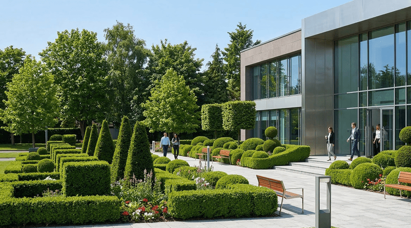 Fachgerechte Gartenpflege und repräsentativer Heckenschnitt für ein Verwaltungsgebäude in Weinfelden
