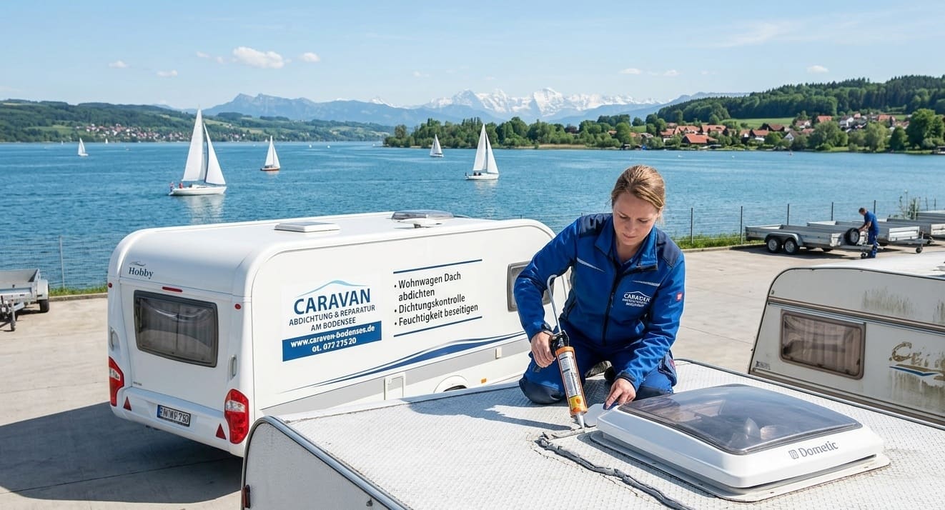 Wohnwagen Dach abdichten und Kantenleisten versiegeln am Bodensee