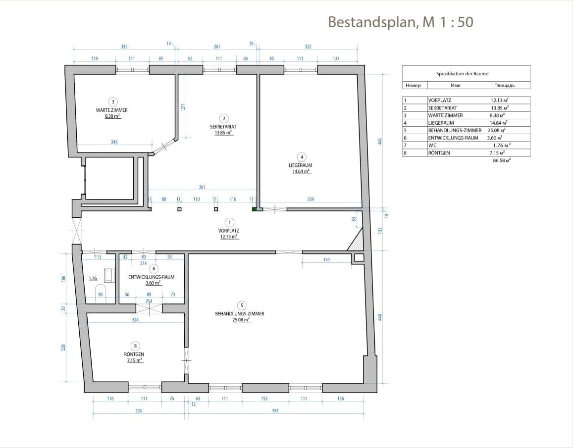 Technischer 2D CAD Grundriss Schwarz-Weiss nach Vor-Ort-Laseraufmass