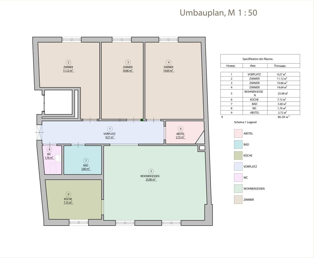 Farbig moeblierter Verkaufs-Grundriss mit Flaechenangaben fuer Immobilienmakler Expose